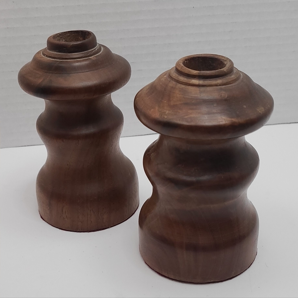 Vintage Set of 2 Hand Turned Wood Candle Holders. 5" tall and 3.25" wide.